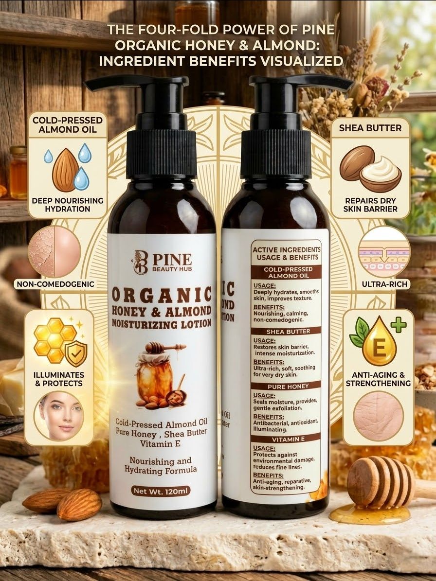 Organic Honey & Almond Moisturizing Lotion by Pine Beauty Hub | Anti-Aging & Skin Barrier Repair Body Lotion - 120ml